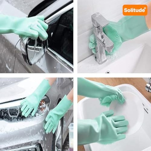 Image of Solitude Magic Gloves Silicone Dish Washing Cleaning Gloves, Silicone Hand Gloves for Kitchen Dishwashing and Pet Grooming, Great for Washing Dish, Car, Bathroom (Multicolour, 1 Pair)