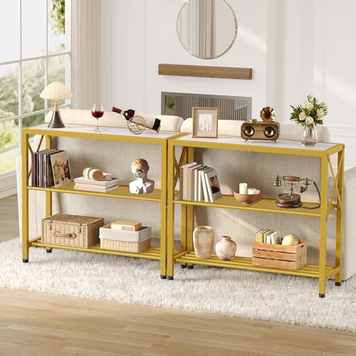 Image of Hoctieon Industrial Console Table, 3 Tier Entryway Table, Metal Frame, Sofa Tables with Shelf, Hallway Desk, Entrance Tables for Entryway, Living Room, Foyer, Hallway, Gold and White