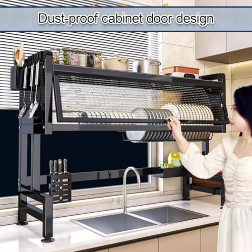 Abtropfgestell für die Spüle, mit Abdeckung, platzsparender Küchen-Organizer für Geschirr, Schüsseln und Besteck (schwarz, 95 cm), langlebiges und stilvolles Design, passend für die meisten Spülbecken