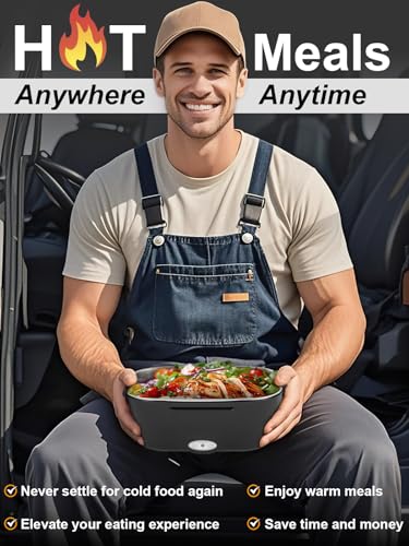 Image of 80W Electric Lunch Box for Adults, 1.5L Stainless Steel Food Warmer Lunchbox, 12V /24V /110V Portable Heated Lunch Box for Car /Truck /Office, Leak-Proof, Dishwasher-Safe with Fork & Spoon (Black)