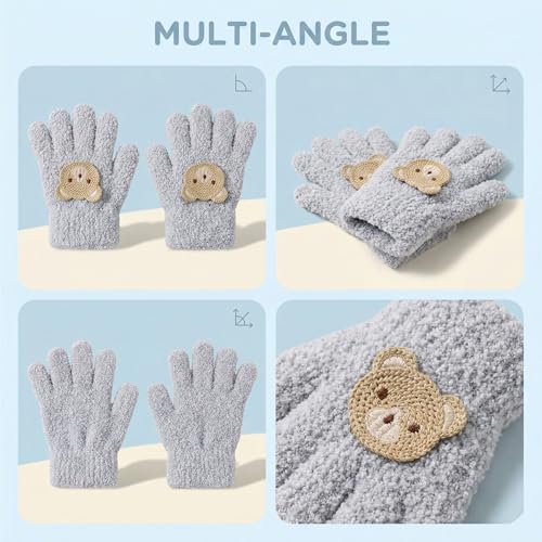 Image of Kraptick Kids Winter Gloves - Ultra-Soft Thick Knit Fuzzy Warm Mittens for Boys & Girls Cute Bear Patch Thermal Hand Warmers for Toddlers & Children -1