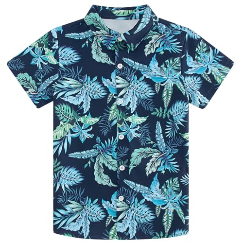 UNICOMIDEA Hawaiian Shirts for Boys Summer Tropical Plants Pattern Blue Tops Button Down Luau Shirt 9-10 Years Kids Holiday Beach Clothing