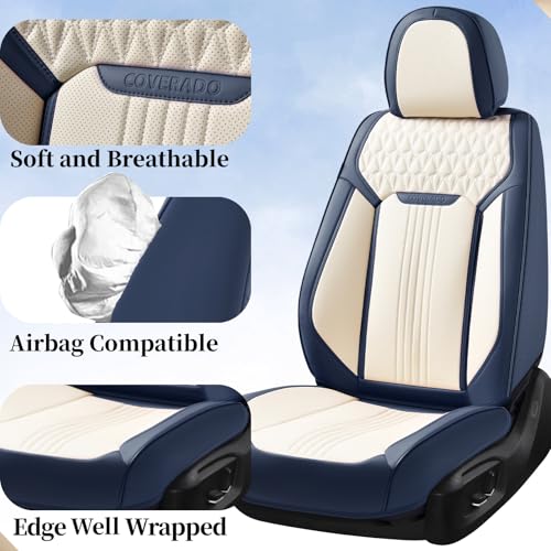 Image of Coverado Front Seat Covers, Car Seat Covers Front Seats, Leather Seat Cover for Cars, Waterproof Seat Covers, Car Seat Protector, Driver Seat Cover Car Seat Cushion Universal for Most Cars, Blue&White
