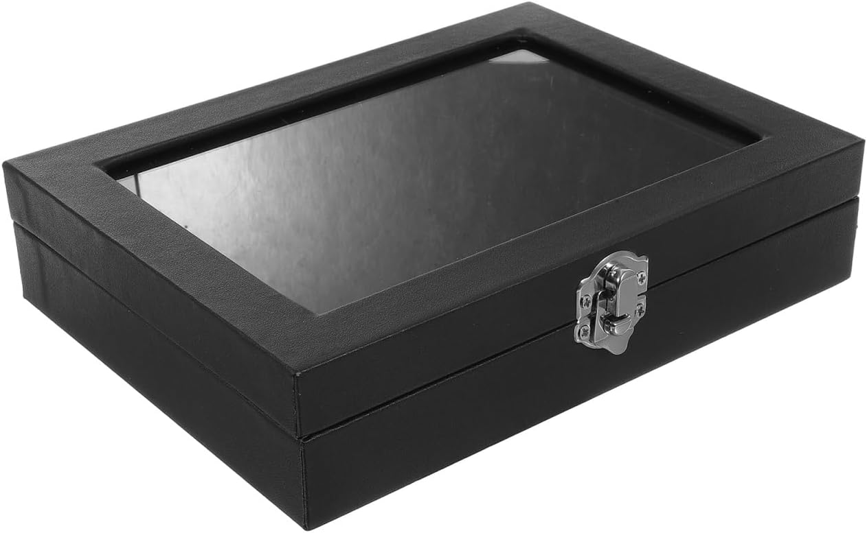 Frcolor Pin Display Case 7.87X5.90X1.77In Brooch Pin Storage Box with Lid Glass and Pu Organizer for Jewelry Medal Display Small Compact Holder