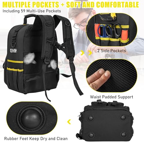 Image of Tool Backpack, Heavy Duty Tool Bag with Padded Shoulder and Removable Tool Organizer, Water-Resistant Work Backpack, for Electrician, Plumber, HVAC, Cable Repairman, Black & Yellow
