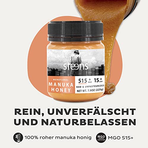 Steens Manuka Honey MGO 515+ - rein roher 100% zertifizierter UMF 15+ Manuka Honig - abgefüllt und versiegelt in Neuseeland - höchste Qualitätsstufe - 225 g