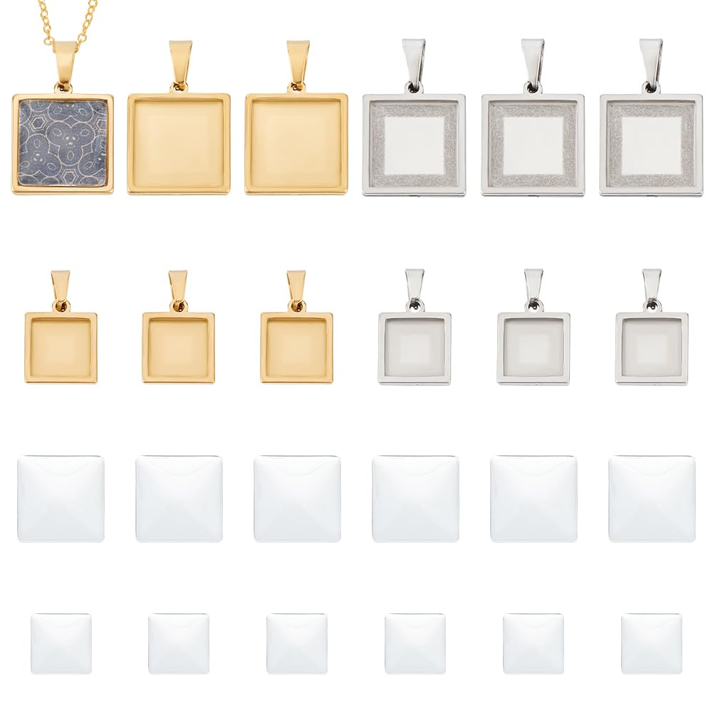 UNICRAFTALE 2 Colors 12 Sets 2 Sizes Stainless Steel DIY Blank Square Pendant Making Kit Blank Dome Bezel Tray Charms with Glass Cabochons Blank Bezel Pendant Making Kit for Jewelry Making 10/15mm