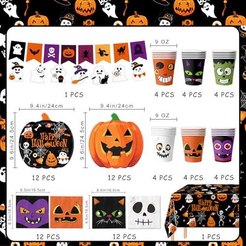Halloween Party Supplies Kit Includes Pumpkin Shaped Disposable Plates, Napkins, Cups, Banner, Tablecloth for Halloween Birthday Baby Shower Decorations, Serves 24