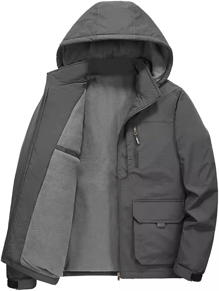 JSEIAJB Men's Thickened Autumn Winter Multi bag Loose Oversized Casual Waterproof Jacket with Plush