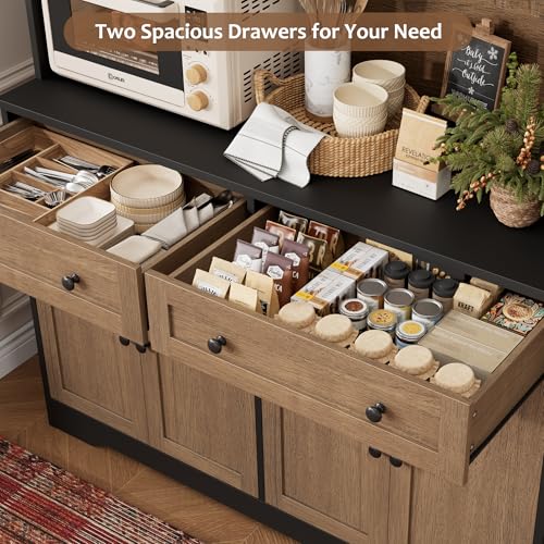 Image of HOSTACK 75.4 inch Tall Kitchen Pantry Cabinet with Charging Station, Modern White Kitchen Hutch with Microwave Stand and Wine Rack, Large Food Pantry Storage Cabinet with Glass Doors and Drawers, Brown