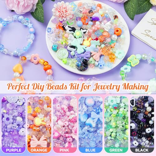 Image of PATPAT 430Pcs+ Cute Beads Kit for Bracelet Making Set with String, 6 Colors Acrylic Beads for Bracelet Making Kit with Charms DIY Bead Jewellery Set for DIY Keychain Bag Necklace Charms