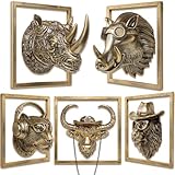 JJALIGHTS Exquisita escultura de pared de resina de cabeza de animal (marco de metal de regalo) – Decoración vintage de cobre de imitación para sala de estar, dormitorio y oficina | Arte decorativo