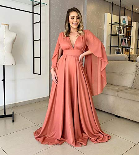 Women's Open Back Cape Sleeve Prom Dresses Long V-Neck Evening Gowns4