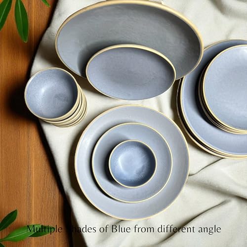 Image of Hand Painted Ceramic Dinnerware Set - 18 Pieces | 6 Dinner Plates, 6 Small Plates, 6 Katori Bowls | Earthy Blue | Microwave & Dishwasher Safe | Perfect for Home & Gifting