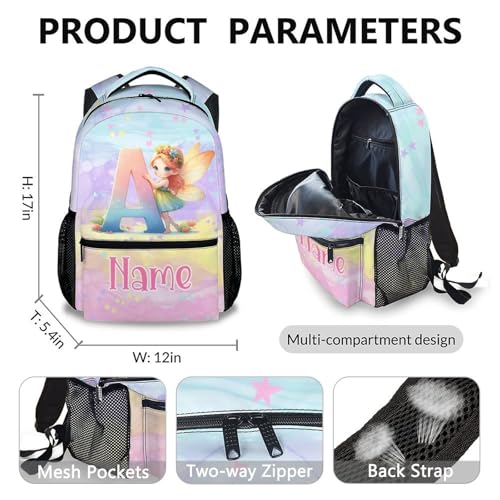 Custom Kids Backpacks, 3 in 1 Fairy School Backpack Set for Girls Students, Personalized Monogram Bookbag with Lunchbag Matching Combo for Preschool Elementary, Back to School Supplies2