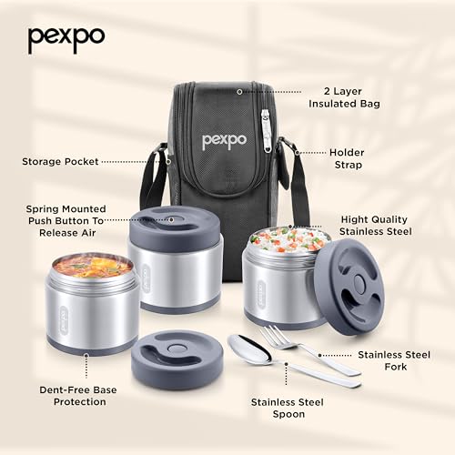 Image of Go24 pexpo Extreme Smart Stainless Steel Triple-Container Vacuum Insulated Lunch Box with Cutlery for Office and Travel, (350ml x 3 Containers),Microwave Safe | Heavy Duty | Airtight | Matte Finish