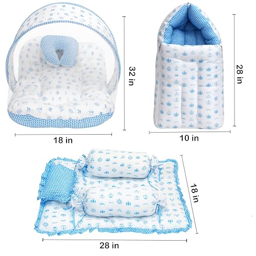 Image of Fareto Combo of Baby Bed with Net | Carry Bag | 4 Pcs Bedding Set (0-6 Months, Baby Size, Cotton) (Blue Taj)