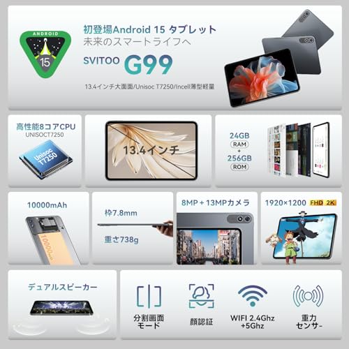 undefined 【タブレット 13インチ Wi-Fiモデル】SVITOO G99 Android 15 タブレット、Unisoc T615、8コアCPU、24GB RAM+256GB ROM+1TB拡張、FHD 1920x1200解像度In-Cell IPS大画面、Widevine L1対応、13MP/8MPカメラ、10000mah+Type-C+PD 18W急速充電、顔認証+画面分割+無線投影 の商品画像 1