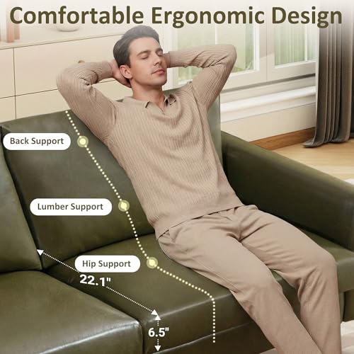 Image of Kingfun 2 Piece Faux Leather Sofa Set, Mid Century Modern Living Room Furniture Set with 3-Seater Sofa and Loveseat, Small Leather Couch with Solid Wood Frame for Bedroom and Office, Olive Green