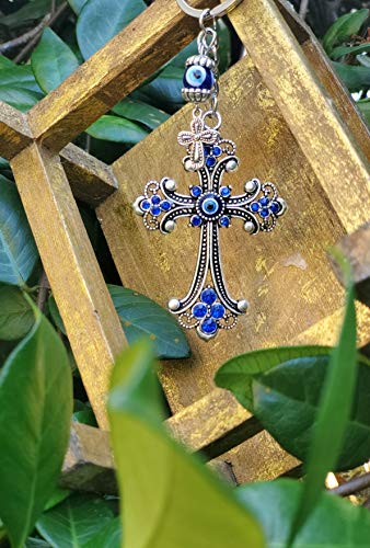 Luckboostium Lucky Evil Eye Car Hanging Ornament & Keychain - Silver Cross W/Blue Crystal Rhinestones & Blue, White, Black Resin Evil Eyes Beads - Rear View Mirror Accessories - Gift For Men & Women #TOP2