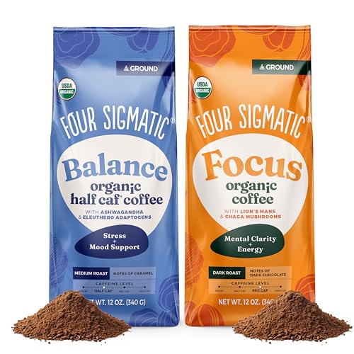 Four Sigmatic Focus + Balance Mushroom Coffee Bundle - Organic Ground Coffee with Lion's Mane, Ashwagandha, Chaga - 12oz (2-Pack)