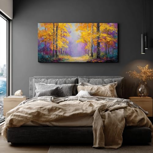 Peinture foret automne feuilles d'or grand format 50x100 cm - 3