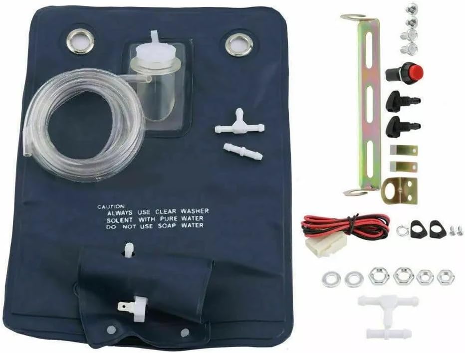 Classic Car Windshield Washer Pump Bag Kit Jet Button Hose 12V for Most Models Features: Universality 12V Washer Kit