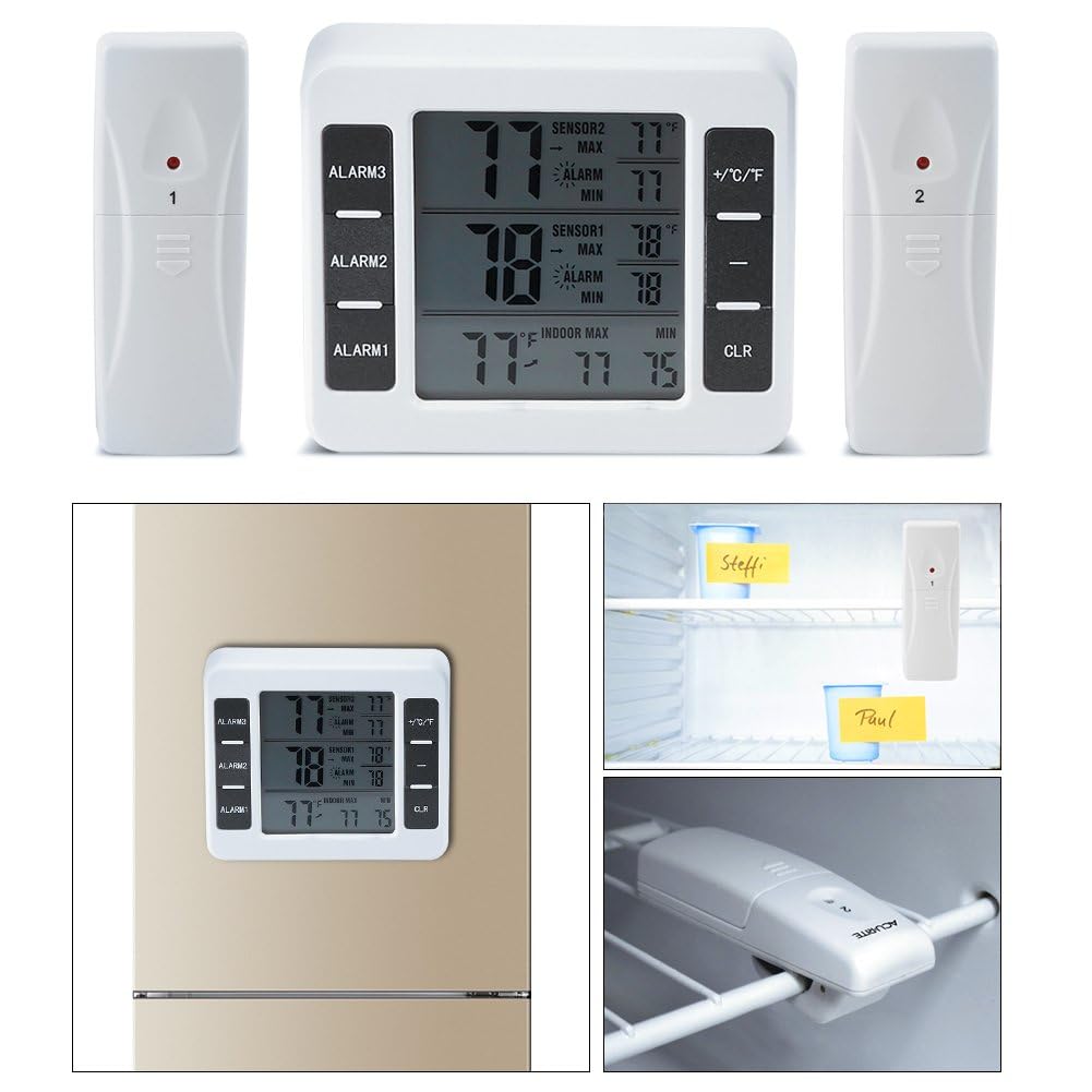 Thermomètre de Frigo Congelateur, Thermomètre Extérieur Thermomètre pour Réfrigérateur avec 2 Capteurs sans Fil avec Alarme Sonore pour une Utilisation Intérieure et Extérieure Écran LCD Facile à Lire