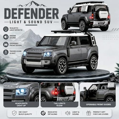 Image of 1:32 Scale Land Rover Defender Model Car - Exclusive Alloy Metal Pullback Toy with Openable Doors, Lights, and Music