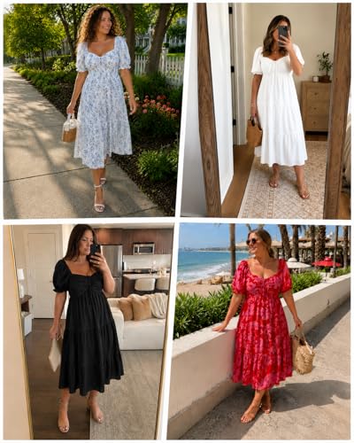 Image of Plus Size Summer Dresses - Sweetheart Neck Drawstring Puff Sleeve Casual Tiered Aline Flowy Midi Dress