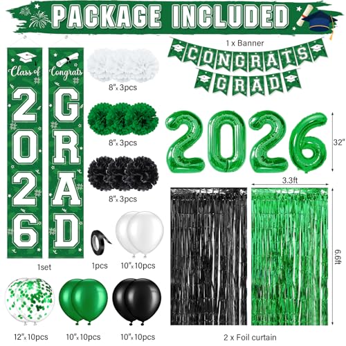 Image of Graduation Party Decorations Class of 2026, Graduation Decorations with Congrats Grad Banner Fringe Foil Curtain Paper Flower Ball Balloons for High School College Graduation Party Supplies, Green