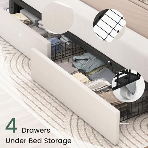 Larmace King Size Bed Frame With 4 Storage Drawers And Wingback Headboard Linen Upholstered Platform Bed Frame With Wooden Slats thumb #2