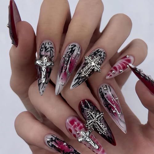 MISUD Press on Nails - Long Stiletto Glue on Nails with Goth Red ...