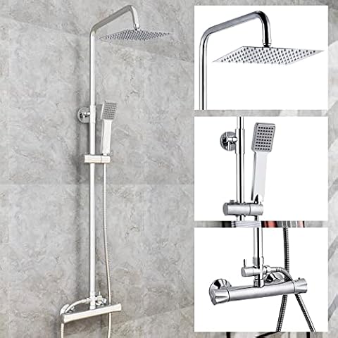 Huibathroom Thermostatic Shower Mixer Set for Bathroom Square Chrome Designer Rainfall Shower Head Handset Exposed Valve, Hose & Rail Cover