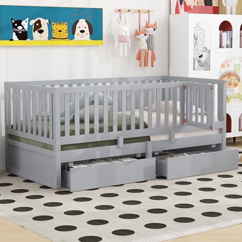 Harper & Bright Designs Twin Size Kids Platform Bed with Fences, Wooden Kids Daybed with Guardrails and 2 Drawers, Split into Independent Floor Bed & Daybed, Grey