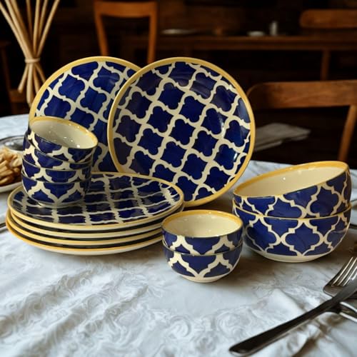 Image of Freakway 14 Piece Ceramic Dinner Set - 6 Dinner Plates, 6 Bowls & 2 Large Serving Bowls | Handcrafted Blue & White Moroccan Pattern Dinnerware Set for Dining & Serving