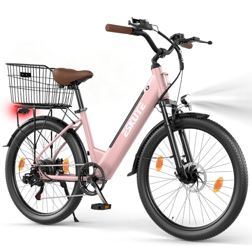 ESKUTE C100 Plus E-Bike, 26 Zoll Elektrofahrrad, E-Cityrad 250W HeckMotor, 36V 13Ah Wechselakku, bis zu 100km, LCD-Display, Tiefeinsteiger E-CityBike mit Fahrradkorb