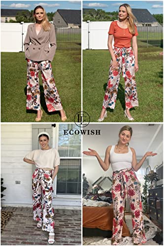 ECOWISH Wide Leg Pants for Women Summer 2025 Palazzo Tropical Floral Casual High Waist Flared Trousers with Pockets3