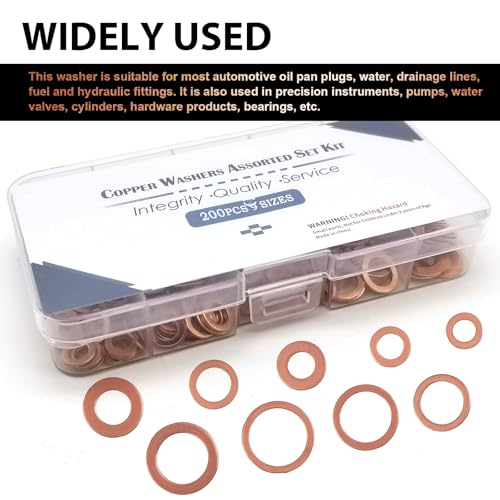 Image of Pack-200 Car Flat Gasket Combination Set, Oil Pan Plug Leak-Proof Sealing Gaskets, M5 M6 M8 M10 M12 M14 9 Specifications Copper Metric Washers with Storage Box, Universal for Most Cars (Gold)