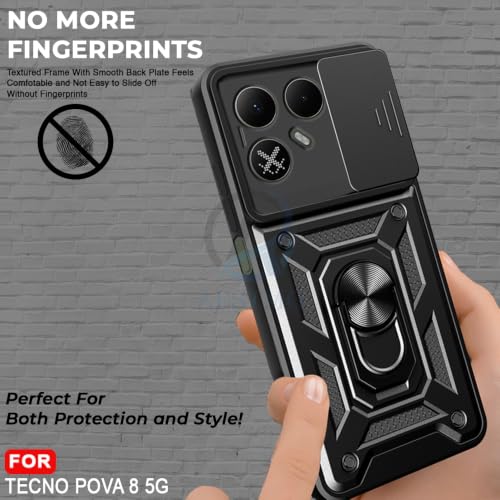 Image of AESTMO Tough Armor Tecno Pova 8 5G Bumper Back Case Cover | Ring Holder & Sliding Camera Shield Cover | 360 Degree Protection Back Case Cover for Tecno Pova 8 5G (Black)
