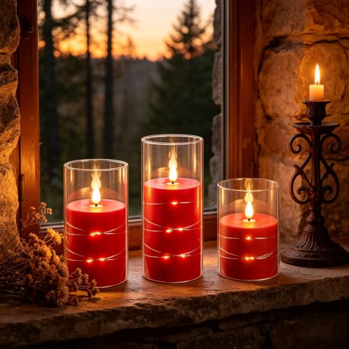 Image of Da by 3 Pack Red Transparent Acrylic Flameless Taper Candles, Flickering Black Wick LED Candles with Fairy String Lights, Heat Resistant ABS Candles with Remote for Indoor Outdoor Decor