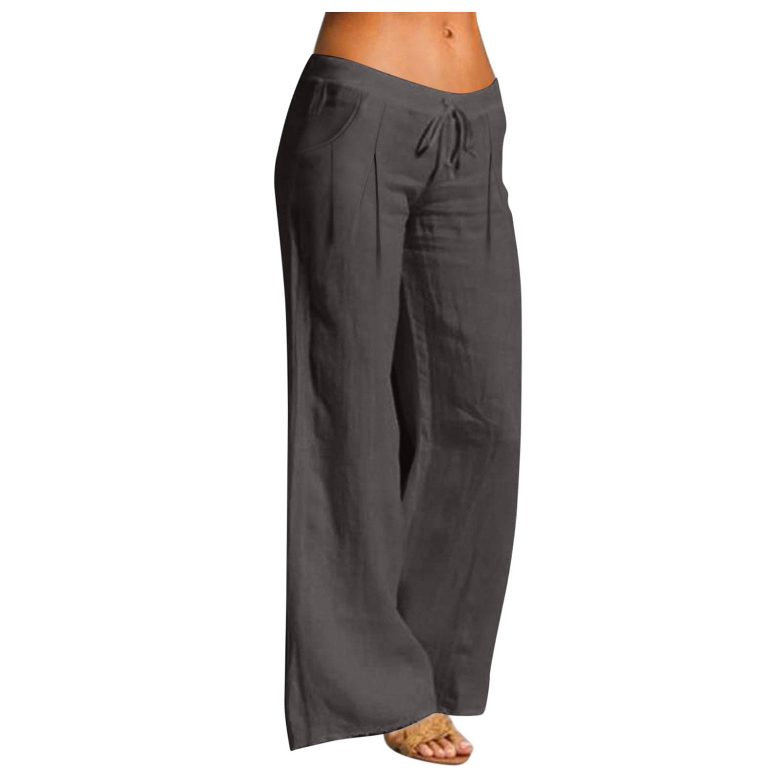 Linen Pants Women Wide Leg Palazzo Pant with Pockets Drawstring Elastic Waist Lounge Trousers Beach Vacation Outfits
