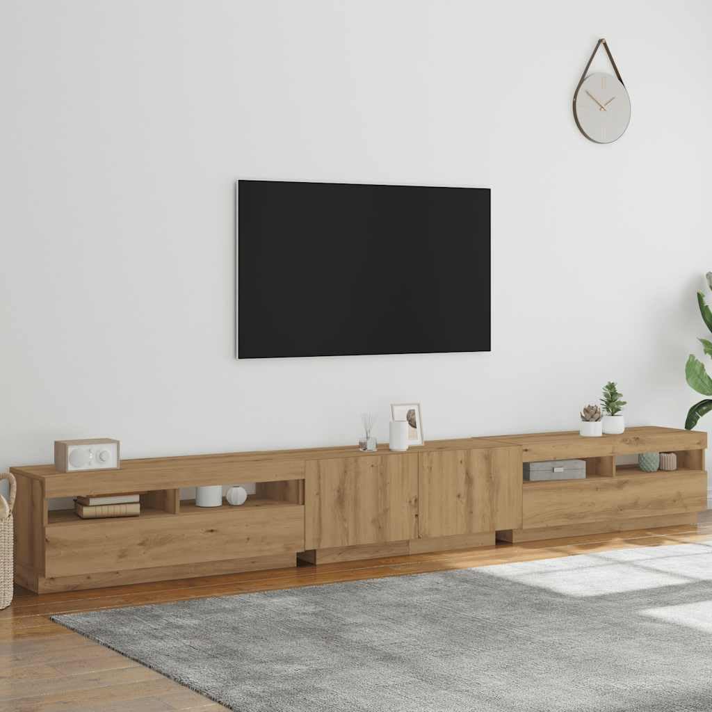 Mueble TV de 300 cm con Luz LED, Mueble TV Salón Aparador, Mesa TV Madera con Estantes - Roble Artisan - 300x35x40 cm