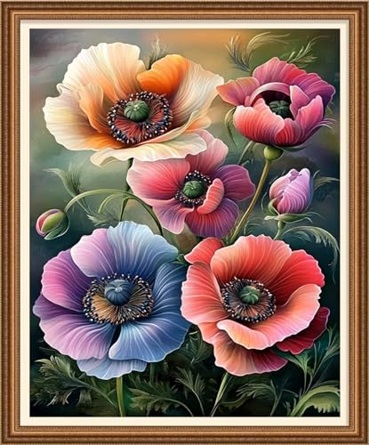 Image of Disnesart Cross Stitch Stamped Full Embroidery Kits DIY 11CT Cotton Thread Printed DIY Needlepoint Kits Craft Needlework Set Cross-Stitch Stamped Sets-Poppy Flowers 16x20 inch
