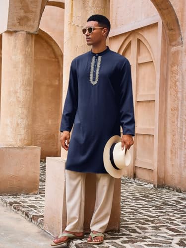 Yousify Mens Kaftan Thobe Casual Henley Shirts Button up Long Sleeve Robe Muslim Gown Shirt4