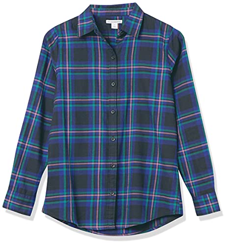 Image of Amazon Essentials Women's Regular-Fit Long-Sleeve Lightweight Plaid Flannel Shirt with Brushed Finish, Shirttail Hem