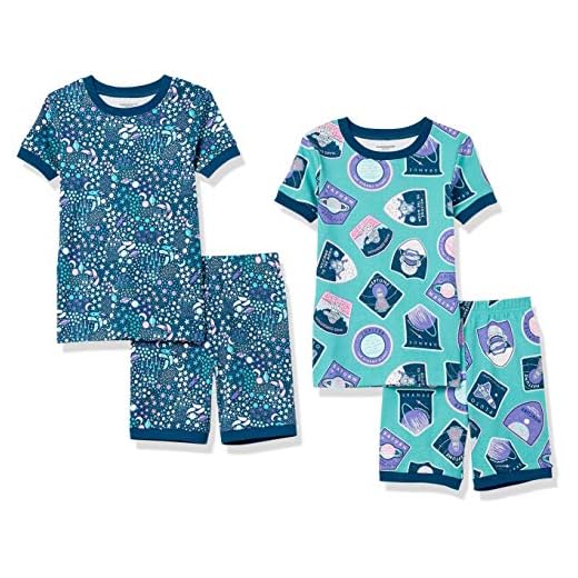 Amazon Essentials Snug-Fit Cotton Pajamas Sleepwear Sets Ensemble Pyjama, Bleu, Planète/Imprimé Étoiles, 11-12 Ans, Lot de 2