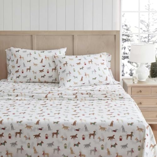 Image of Martha Stewart - Flannel Sheets Full Size, Anti-Pilling & Wrinkle Resistant Cotton, Touchably Soft for All-Season Comfort - Bed Sheets with Matching Pillowcases & Fitted Sheet (Holiday Pups Brown)