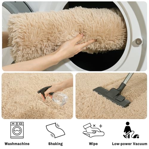 Soft Fluffy Rugs for Bedroom, Beige Fuzzy Shaggy Oval Bedside Area Rug Set of 2, Non-Slip Cozy Plush Shag Carpet for Kids Room Nursery Dorm Living Room, 2.6 x 5.3 Feet