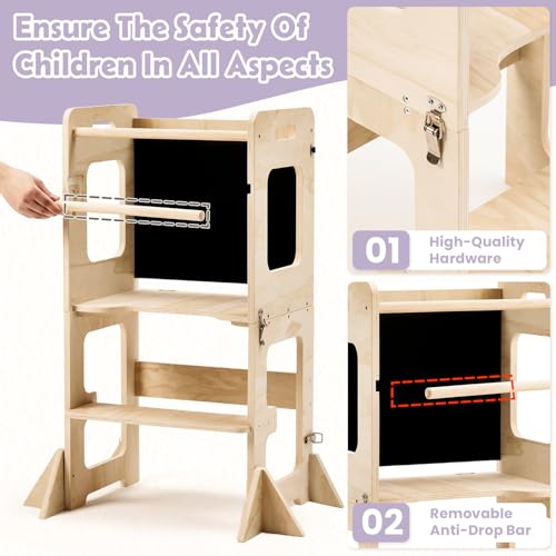 Image of labebe Toddler Standing Tower for 12M+, Montessori Foldable Learning Standing Tower with Blackboard, Anti-tip Structure Design,Wooden Kitchen Step Helper Stool for 1-3 Year Old Boy Girl Gift